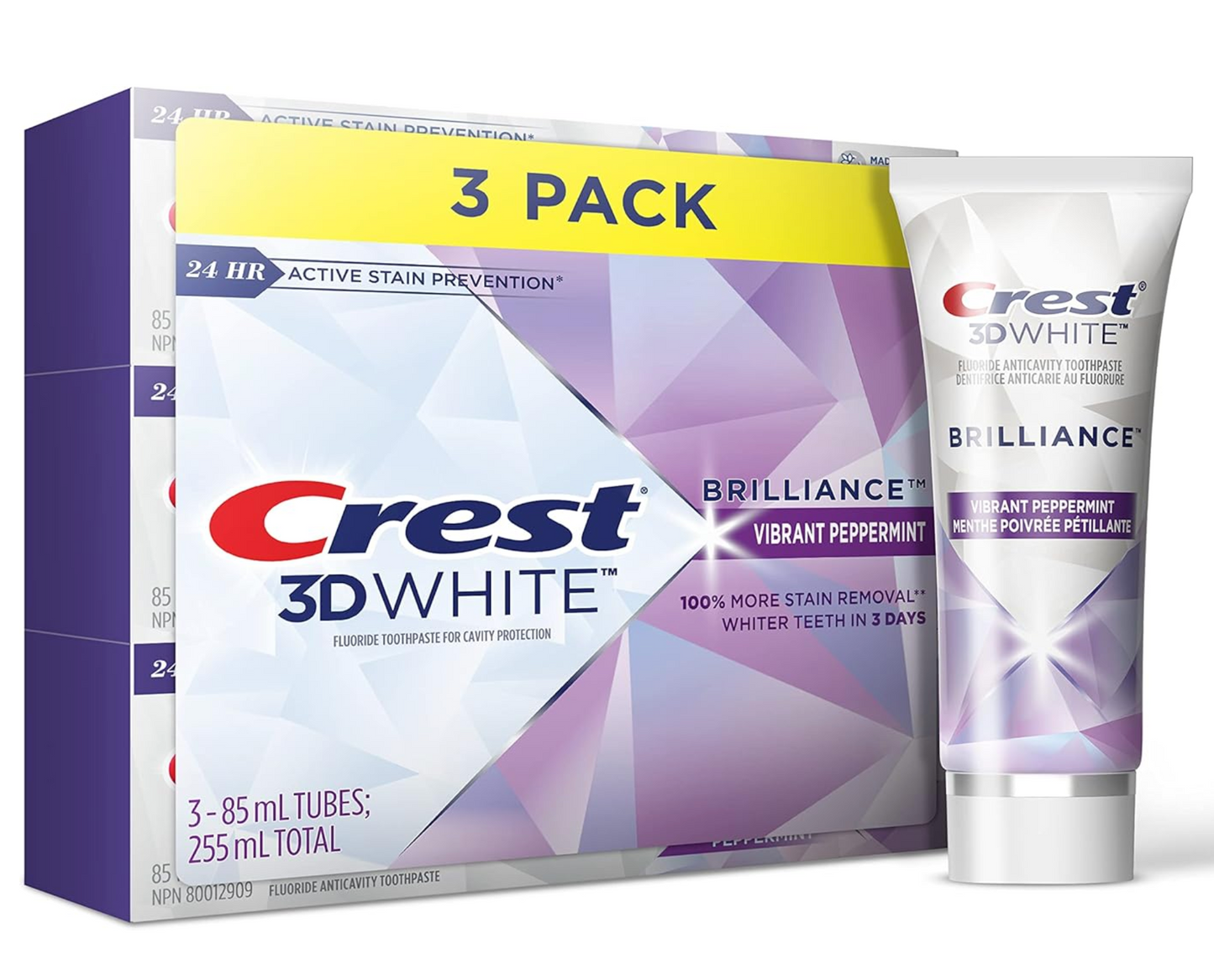 Crest 3D White Brilliance Toothpaste 3 Pack, Vibrant Peppermint, 85 mL